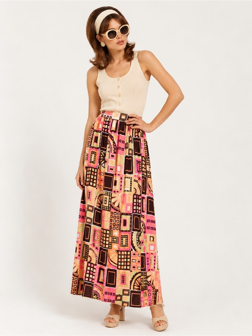 Vintage Handmade Mod Geometric Maxi Skirt Pink Brown Psychedelic Print Small